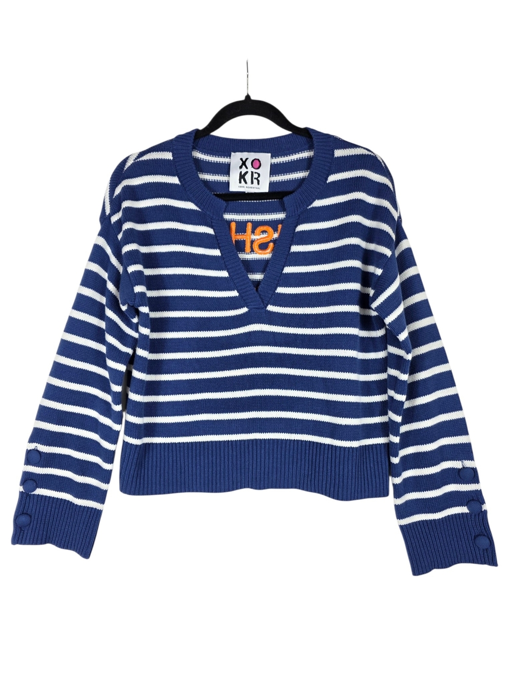 Kerri Rosenthal Graphic back Blue and White Striped V-Neck Sweater